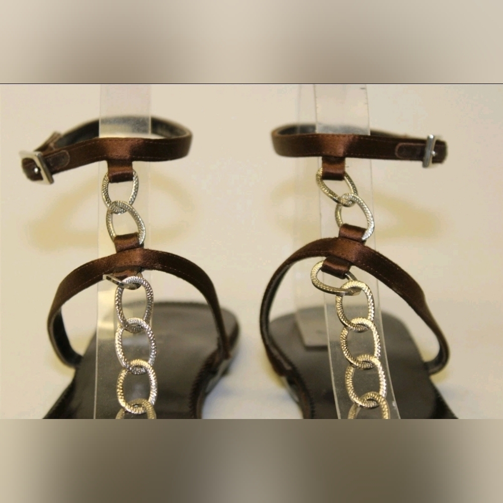 Gucci Sandals 7.5 Italy Made Brown Satin Chain Ankle Strap Shoes - Picture 4 of 14